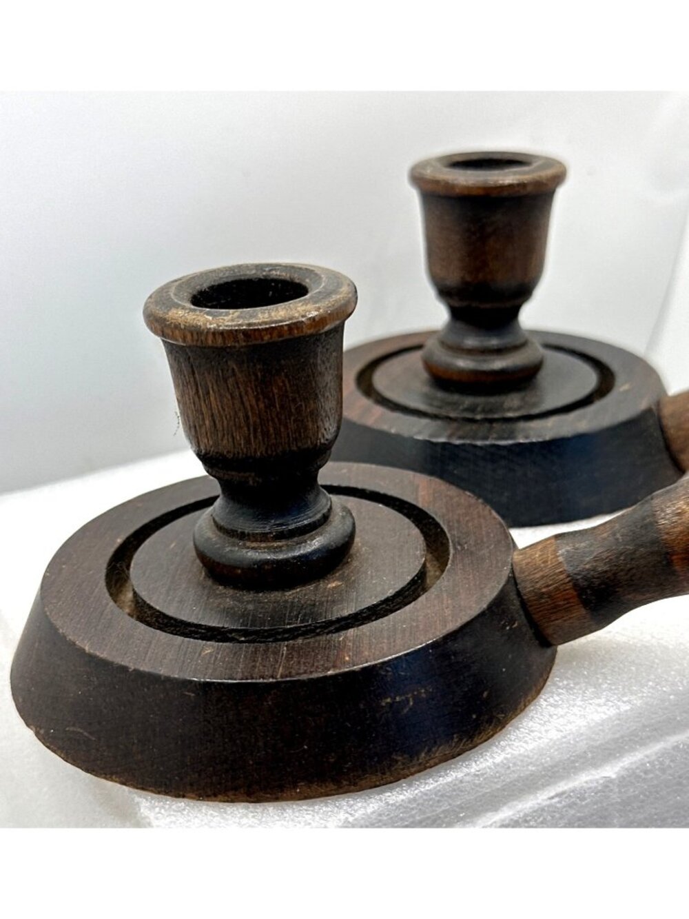 Vintage Wood Candle Holders Mid Century Colonial Style Chambersticks Granny - Picture 9 of 11